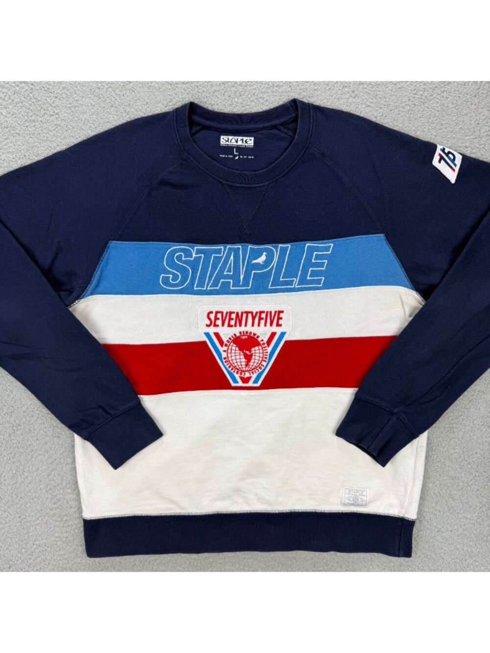 Staple Pigeon Sweatshirt Mens Large L Navy Blue White Embroidered Fleece Sweater